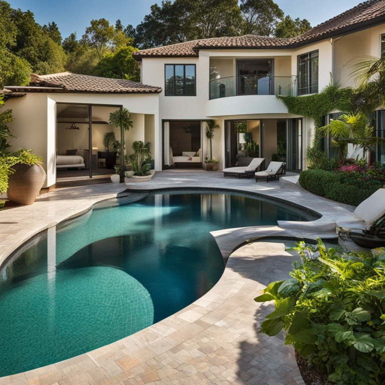 Outdoor swimming pool surrounded by greenery