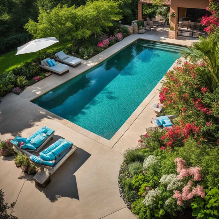 Beautiful pool surrounded by lush greenery and blooming flowers