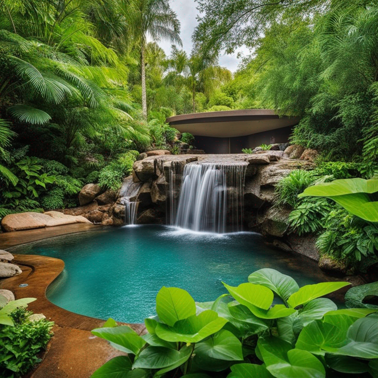 Cascata de piscina cercada por vegetação exuberante