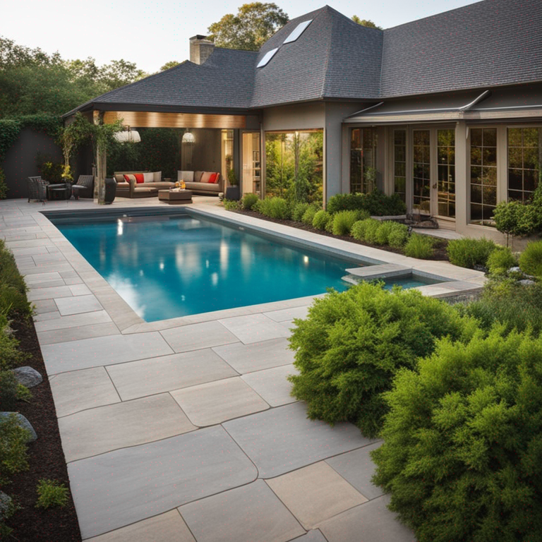 Rectangular fiberglass pool surrounded by lush greenery