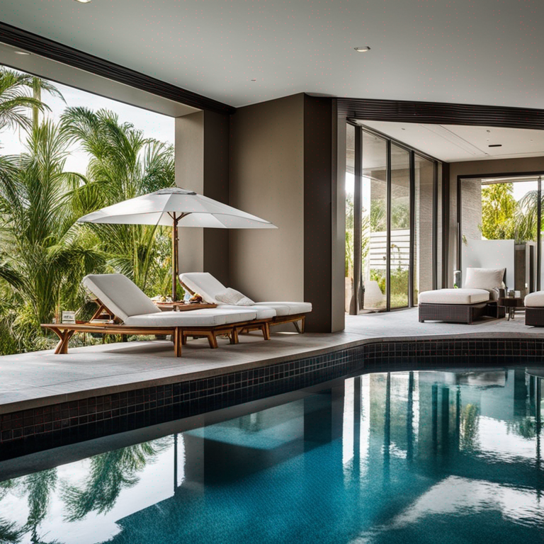 Pool area with sparkling blue water and lounge chairs