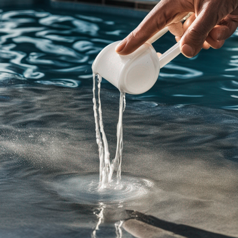 Hand pouring liquid chlorine into a pool