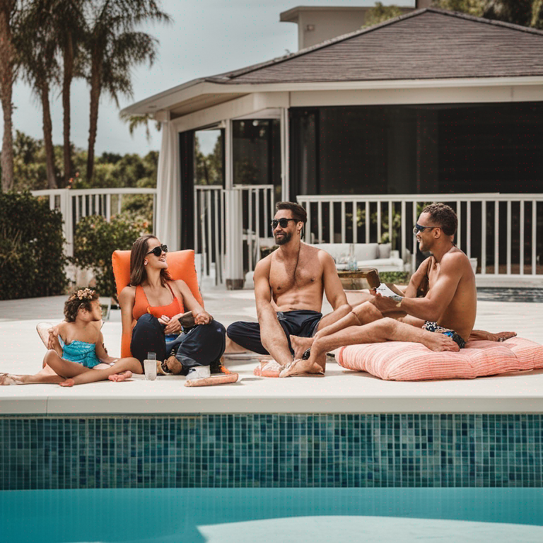 A family enjoying a pool with various accessories