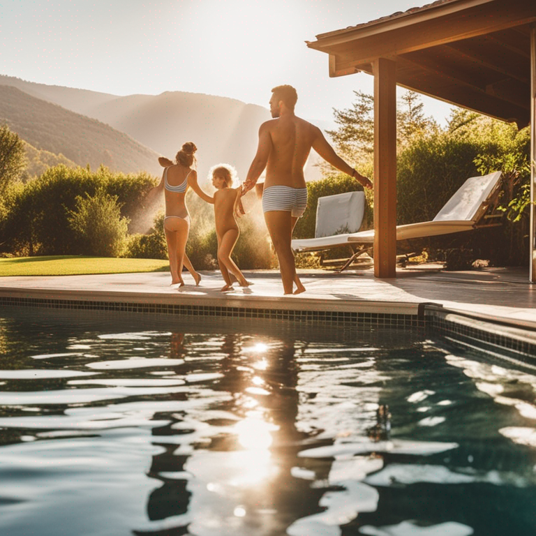 Family enjoying a swim in a backyard pool