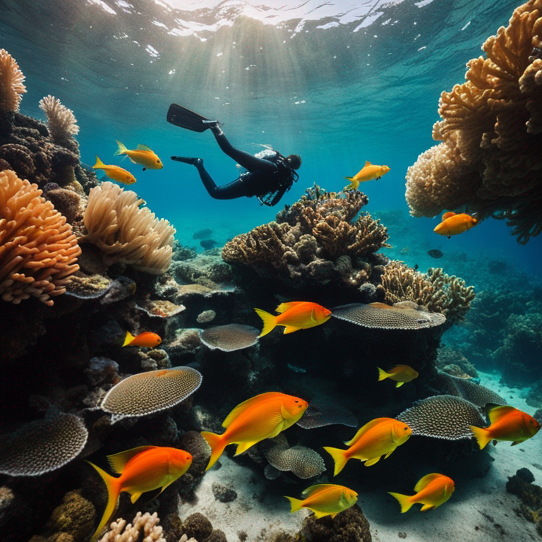 Imagem de um mergulhador livre flutuando debaixo d'água, rodeado por peixes coloridos e corais