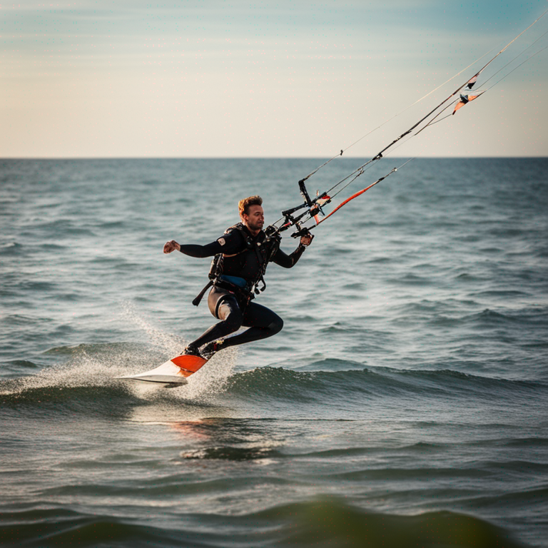 Imagem de um praticante de kitesurf voando sobre a água, com a pipa ao fundo contrastando com o céu