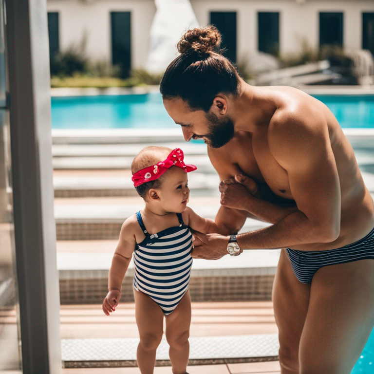 Parent and baby by the pool