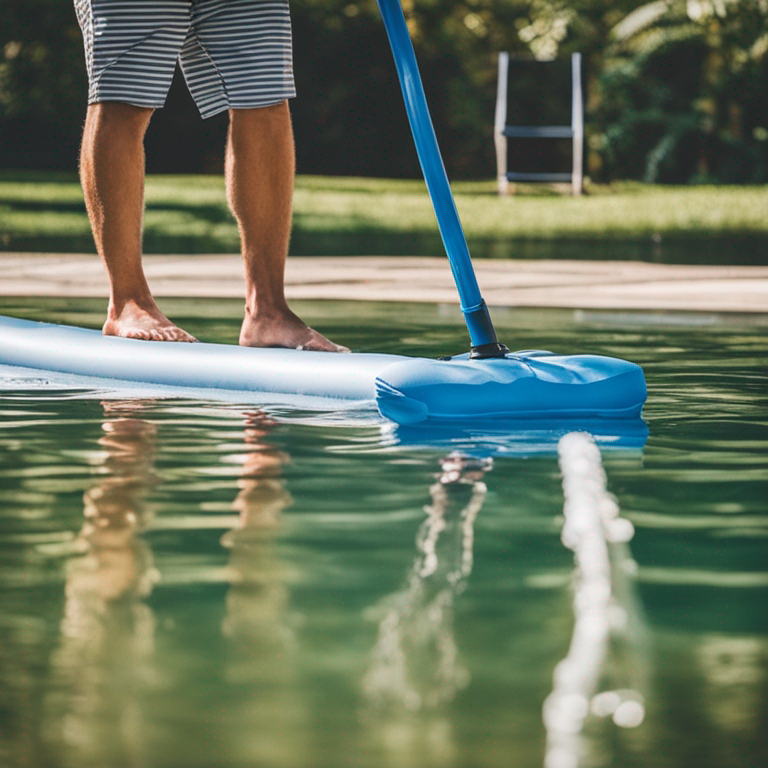 A person inflating a pool float with a manual pump.