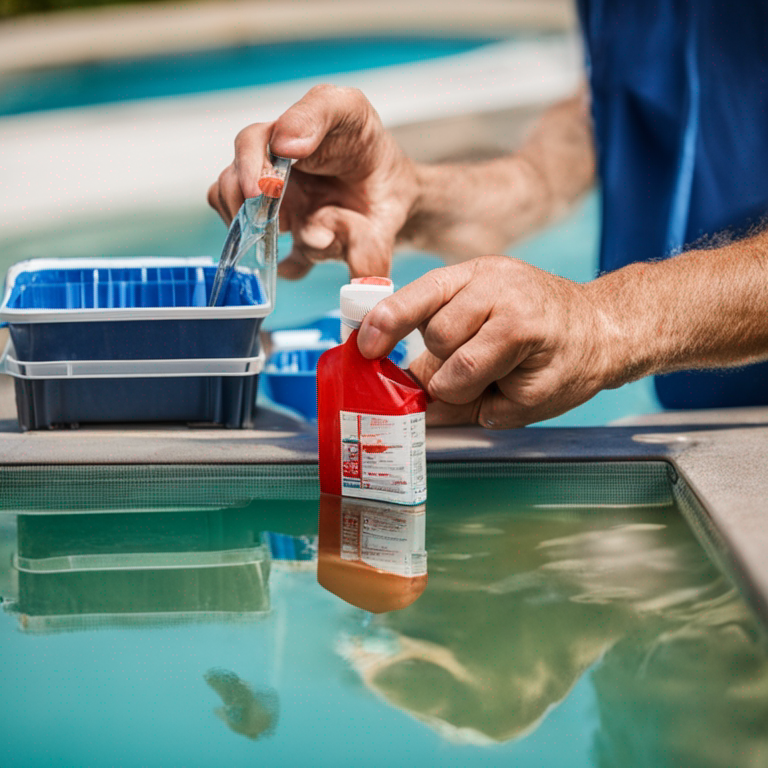 Person testing pool water with a testing kit