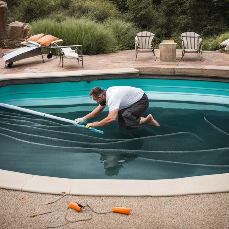 A person using a pool net to remove debris from a plastic pool