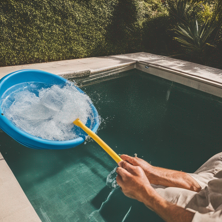 Piscina de plástico sendo limpa com uma peneira