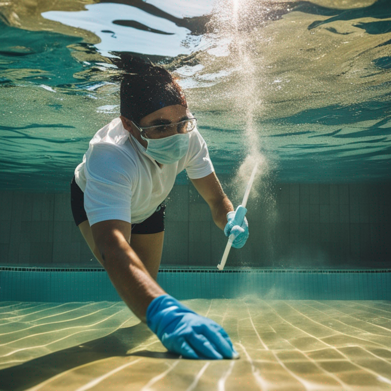 Person wearing protective gloves cleaning a pool