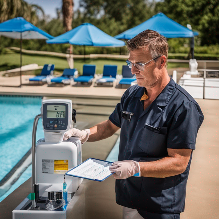 Pool maintenance professional checking pH level of pool water