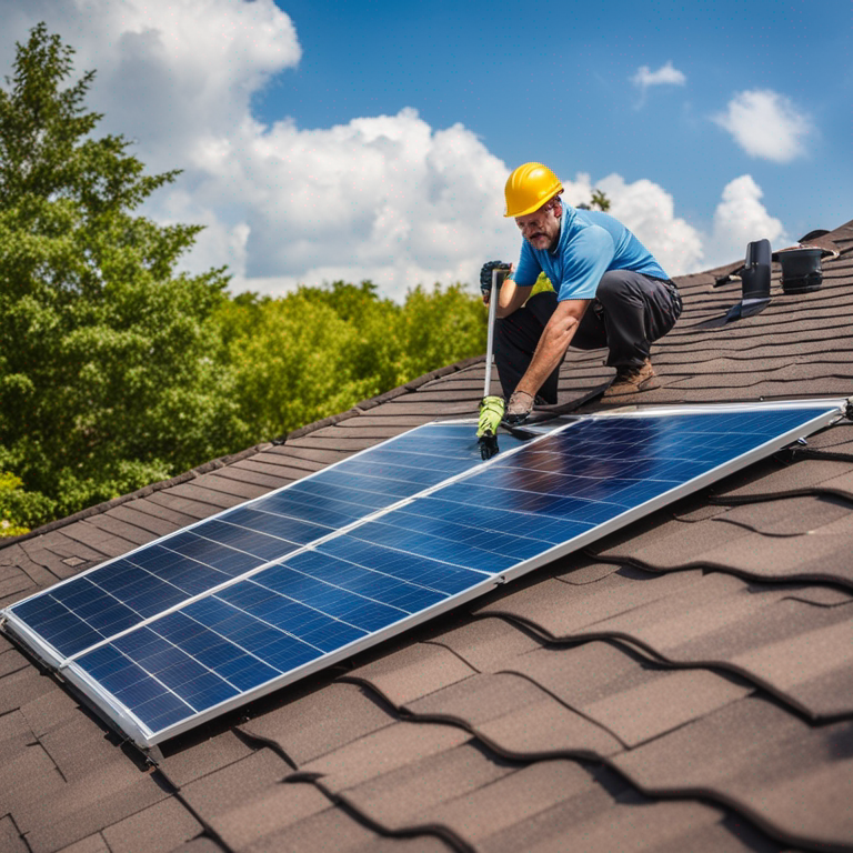 Pool owner installing a solar heating panel